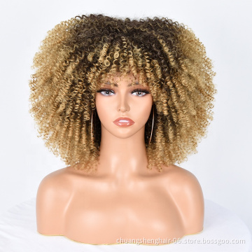 Wholesale ombre blonde afro wig African toupee with bangs short kinky curly hair synthetic wig for black women curly wigs